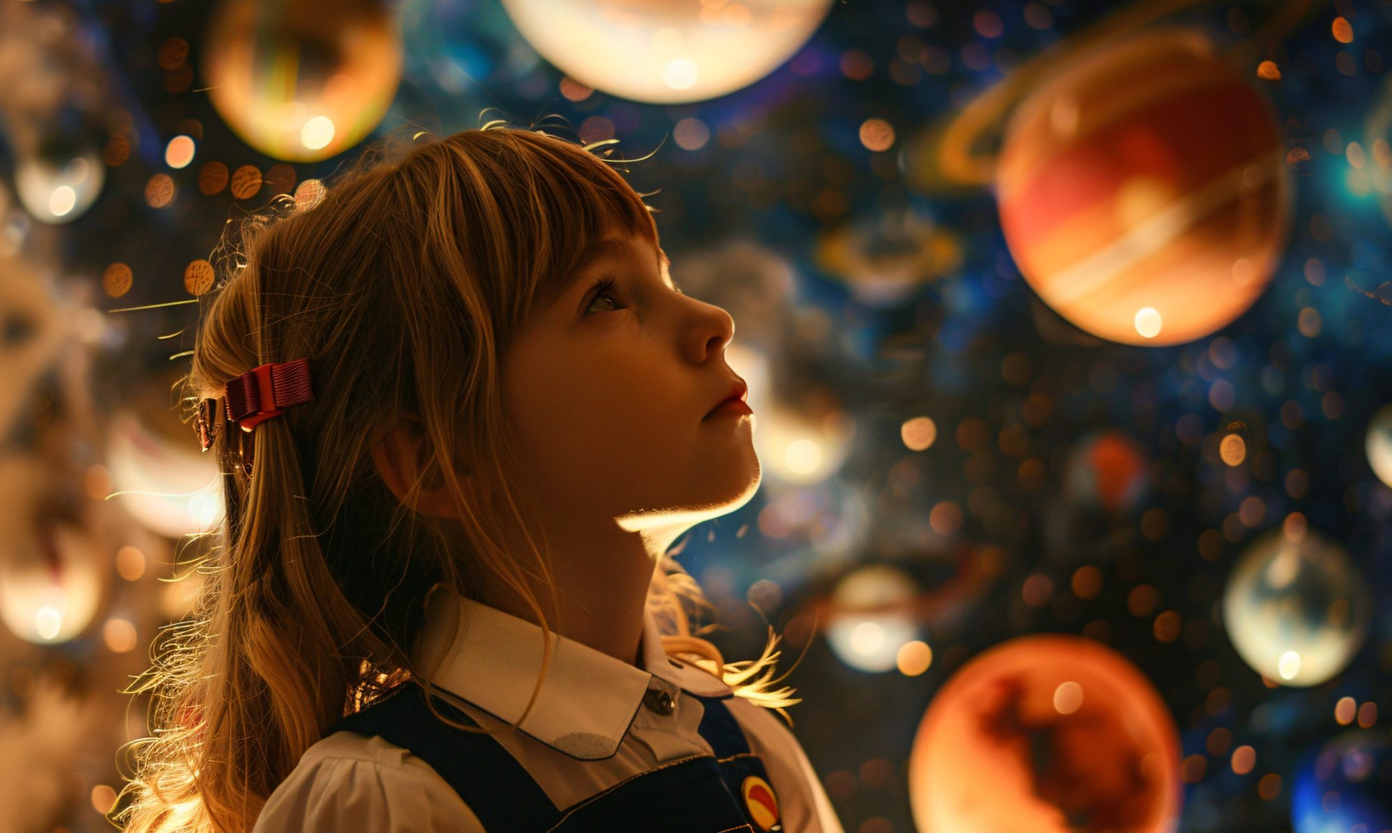 girl looking at planets
